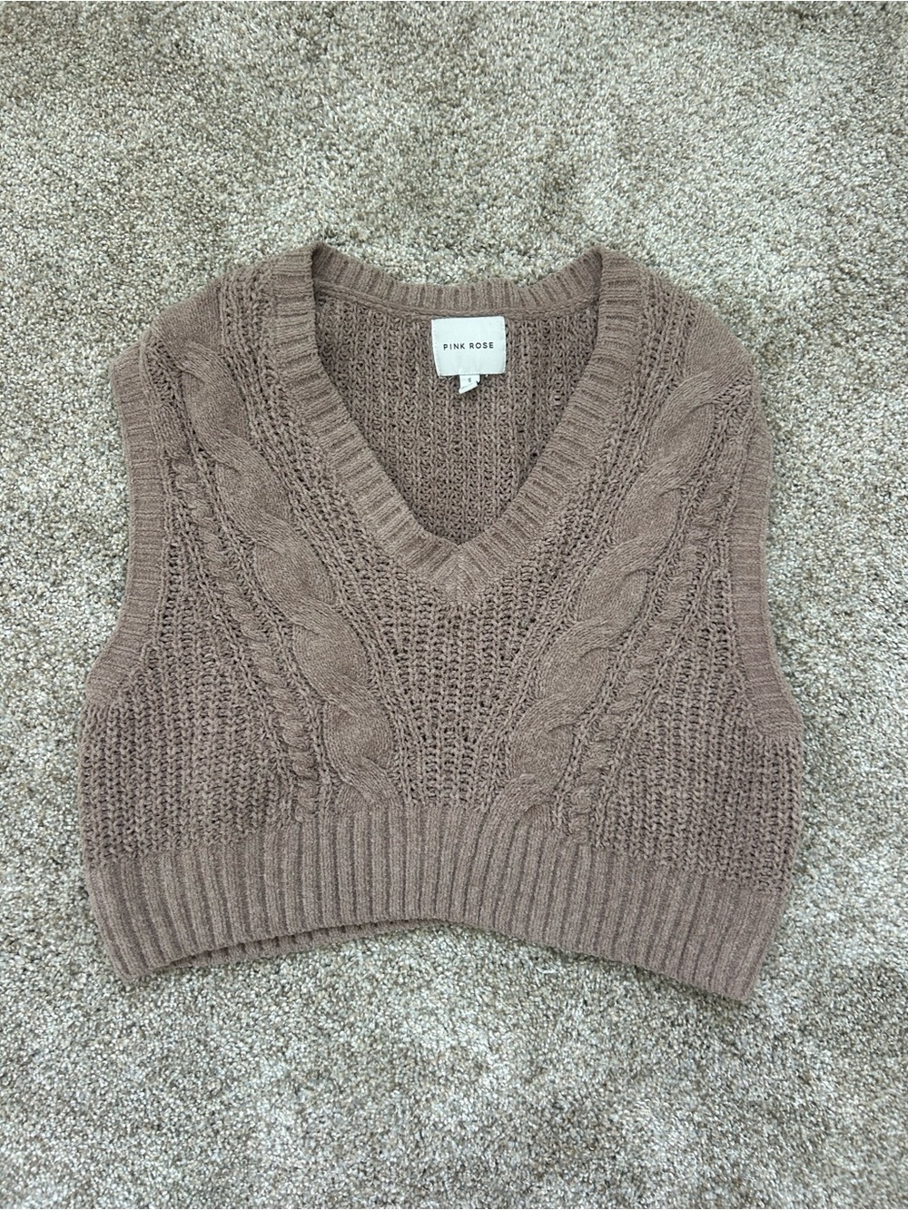Pink Rose Women's Taupe Cable-Knit V-Neck Sweater Vest